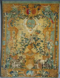 Pannello di Savonnerie: Primavera con stemma, manifattura Savonnerie, Francia, prima del 1717