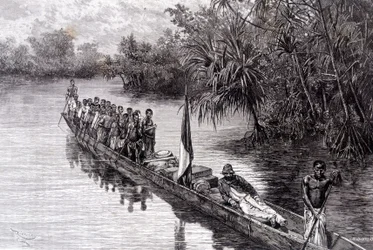 Savorgnan de Brazza in una canoa nei pandanus dell