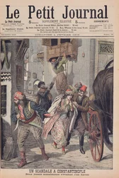 Scandalo a Costantinopoli, due giovani musulmane che fuggono da un harem, illustrazione da 
