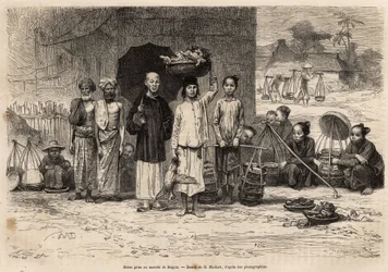 Scena del mercato di Saigon, incisione da un disegno di D. Maillard, illustrazione del viaggio in Cocincina, del Dottor Morice, nel 1872, pubblicato in "Le tour du monde" 1875, a cura di Edouard Charton, edizione Hachette, Parigi. Collezione Selva.