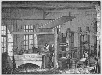 Scienza. Fabbricazione della carta. Carta fatta a mano. Incisione in: Grands hommes et grands faits de l