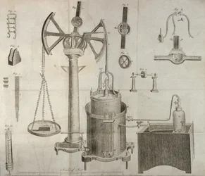 Attrezzatura scientifica, da Gli Elementi di Chimica di Antoine Laurent de Lavoisier (1743-94) inciso da D. Lizars, 1796
