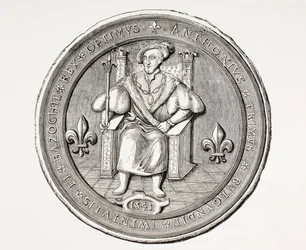 Sigillo del Re della Basoche, capo della corporazione degli scrivani legali del sistema giudiziario parigino, da Les Arts au Moyen Age, pubblicato nel 1873