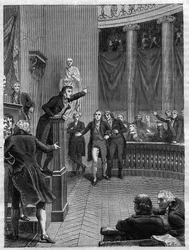 Seduta del Tribunato: discorso di Benjamin Constant (1767-1830) alla tribuna denunciando il regime instaurato da Napoleone, gennaio 1800 - Incisione del 1865 in 