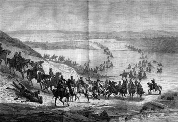 Guerra di Secessione (1861-1865) o Guerra Civile Americana: attraversamento del Potomac da parte della cavalleria meridionale del generale Stuart. Incisione in 
