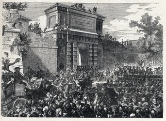 Seconda coalizione: la Battaglia di Hohenlinden (vicino a Monaco di Baviera, Germania) il 12 Frimaio anno IX (3 dicembre 1800) tra le truppe francesi del Generale Jean Victor (Jean-Victor) Moreau e le forze austriache e bavaresi comandate dall