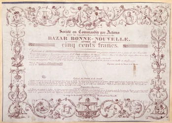 Certificato azionario per 500 franchi per il Bazar Bonne-Nouvelle, 1836