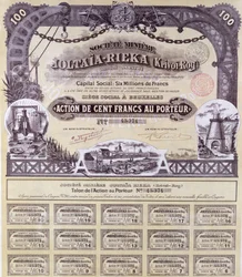 Certificato azionario per 100 franchi per la compagnia mineraria franco-russa Joltaia-Rieka, 1899