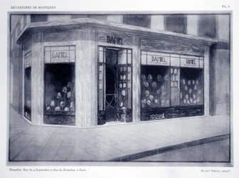 Vetrina del negozio, Tavola 4, illustrazione da Devantures de Boutiques di Louis-Pierre Sezille, Parigi, 1927