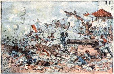 Assedio e cattura di Saragozza (Zaragoza) in Spagna nel febbraio 1809 da parte delle truppe napoleoniche. Incisione del XIX secolo