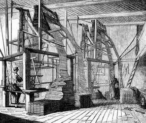 Operai della seta in un laboratorio a Lione che usano un telaio Jacquard, c.1880