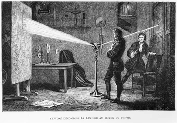 Sir Isaac Newton (1642-1727) che scompone la luce attraverso un prisma, illustrazione da La Vie des Savants Illustres di Louis Figuier, 1868