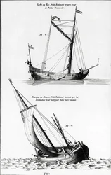 Schizzo di barche: uno yacht o yac e un hourque o hollock, che è una piccola barca inventata dagli olandesi per navigare nei canali - in "Enciclopedia di Diderot", vol 7 Marina, incisione, Bibl. Mazarine