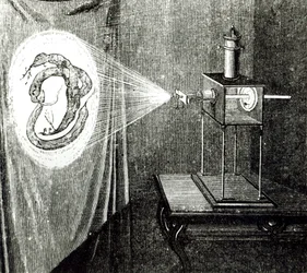 Microscopio solare, da Les Grandes Inventions Anciennes et Modernes di Louis Figuier (1819-94), Parigi, 1861