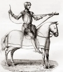 Soldato a cavallo che usa una bombarda a mano, fine XIV e inizio XV secolo, da un disegno del manoscritto di Marianus Jacobus, da Les Merveilles de la Science, pubblicato ca. 1870 (incisione)