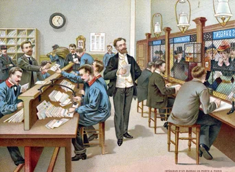 Smistamento della posta in un ufficio postale parigino, illustrazione da un calendario postale, 1904