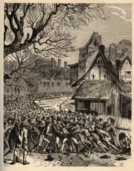 Gioco della soule (antenato del calcio) - (Francia) - Le jeu de la soule en Basse Normandie (Antenato presunto del calcio e del rugby) - incisione in "PATRIE DE LA FRANCE IN 6 VOLUMES BY LUCIEN HUARD - fine XIX secolo