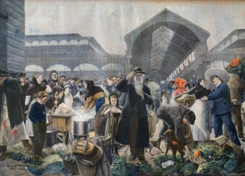 Bancarella della zuppa al mercato di Les Halles al mattino, illustrazione da 