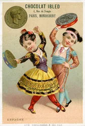 Bambini spagnoli che ballano con tamburelli fatti di pesetas, da una serie di cartoline promozionali sulle valute in diversi paesi, pubblicate a Parigi da Vieillemard per l