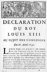 Dichiarazione di Luigi XIII (1601-43) sui comici, 16 aprile 1641