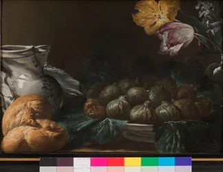 Natura morta con piatto di fichi, brocca, fiori e pane, 1740-50