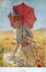Estate: giovane donna con un ombrello in un campo di grano - disegno, fine 19° secolo