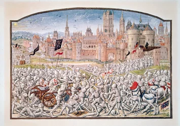 T.2 fol.287 Vittoria degli abitanti di Gand guidati da Philipp van Artevelde prima di Bruges nel 1381, da Froissarts Chronicle, 1472