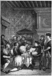 THOMAS CARDINAL WOLSEY (1475? -1530) VIENE SERVITO A TAVOLA DA NOBILI E GENTILUOMINI - THOMAS WOLSEY (1475? -1530) veniva servito in ginocchio dai suoi uomini di rango più alto - incisione in "L