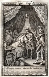 Telemaco si prende cura delle ferite di Falante e gli porta le ceneri di suo fratello - incisione del 1798 dopo Monnet in 