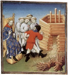 I Templari vengono giustiziati sotto lo sguardo del re francese Filippo IV il Bello nel 1310, miniatura