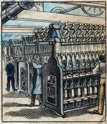 Tessile, lino: il laboratorio. Trasformazione dei nastri in trapani e poi in fili usando telai da filatura. Incisione. Immagine di Epinal della fine del XIX secolo.