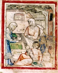 Thamar (Tamar) dà alla luce due gemelli, Perets e Zerah, figli di Giuda, Miniatura dal codice 212 (o codice padovano o Bibbia di Padova), 1390-1400