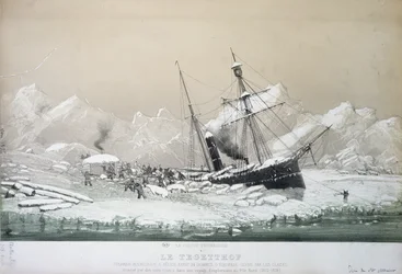 Il piroscafo a vite austriaco Tegetthof bloccato nel ghiaccio e attaccato da orsi polari durante il viaggio di esplorazione al Polo Nord 1872-4