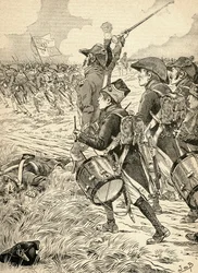 La battaglia di Marengo, Italia nel 1800, combattuta tra le forze francesi sotto Napoleone Bonaparte e gli austriaci. Da Agenda Buvard du Bon Marche pubblicato nel 1917