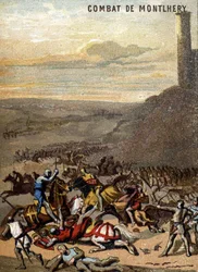 La battaglia di Montlhery (1227): I regni e la feudalità - Bianca di Castiglia, reggente di suo figlio Luigi IX, doma la rivolta dei grandi feudatari. Cromolitografia della Serie "Patriotic Education through Image"