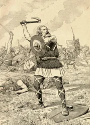 La battaglia di Tolbiac nel 496 combattuta tra i Franchi e gli Alemanni. Da Agenda Buvard du Bon Marche pubblicato nel 1917