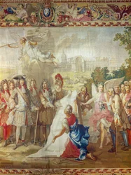 La costruzione degli Invalides nel 1670, dettaglio centrale da La storia del re, dopo Adam Frans Van der Meulen (1632-90) e Charles Le Brun (1619-90) Gobelins Workshop