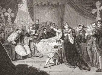 Il tribunale per il processo della regina Caterina di George Henry Harlow, con Mrs. Siddons come regina Caterina in Enrico VIII di Shakespeare