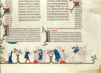 La partenza di Rebecca con Eliezer, dalla Bibbia di Jean de Sy, c.1355