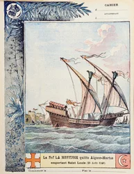 La Partenza di San Luigi sulla sua nave Montjoie da Aigues-Mortes il 25 agosto 1248, illustrazione di copertina di un quaderno scolastico, c.1900