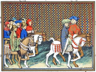 I duchi di Exeter e Surrey inviati da Riccardo II dal castello di Conway a Chester per trattare con il duca di Lancaster, copia facsimile da Le Prinse et Mort du Roy Richart di Jean Creton, ristampa XIX secolo