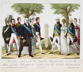 Il primo incontro tra Luigi XVIII (1755-1824) e Maria Carolina Ferdinanda (1798-1870) di Borbone, alla Croix de St. Herem nella foresta di Fontainebleau, 15 giugno 1816, 1816-30 (incisione colorata)
