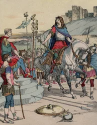 Il capo gallico Vercingetorige (72-46 a.C.) si arrende al capo romano Giulio Cesare (100-44 a.C.) dopo la battaglia di Alesia nel 52 a.C.