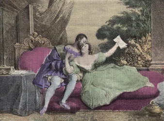 Il re di Francia Francesco I (1494-1547) con Diana di Poitiers (1499-1566) Signora di Brézé, Duchessa di Valentinois. Litografia di Daveria del 1832 in "Ridere Et Galanterie". Collezione settimanale di immagini galanti sotto la direzione di John Grand-Cart