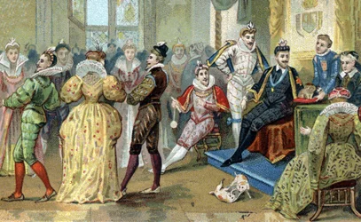 Il Re di Francia Enrico III (1551-1589) circondato dai suoi favoriti. Cromolitografia della fine del XIX secolo