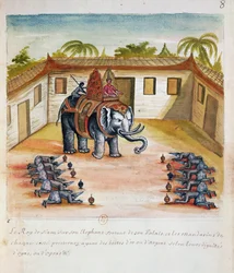 Il re del Siam sul suo elefante, da un resoconto dei gesuiti in Siam, 1688
