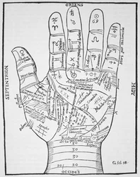 La Mano Sinistra, copia di un diagramma dopo Jean Belot, Oevres, Lione 1649, usata in una Storia della Magia, pubblicata alla fine del XIX secolo