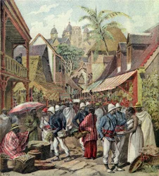 La spedizione del Madagascar, soldati francesi in una strada a Tananarive, da Le Petit Journal, 27 ottobre 1895