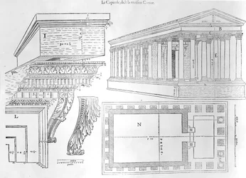 La Maison Carrée, illustrazione da Discours historial de lantique et illustre cite de Nismes di Jean Poldo d