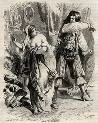 Il Marchese di Montespan, Louis Henri de Pardaillan de Gondrin (1640-1691), schiaffeggia sua moglie, la Marchesa di Montespan (Francoise Athenais) per avergli rifiutato un ordine del Re. Incisione del 1871 in "Histoire Des Cocuses Celebres" di Henry de Koc
